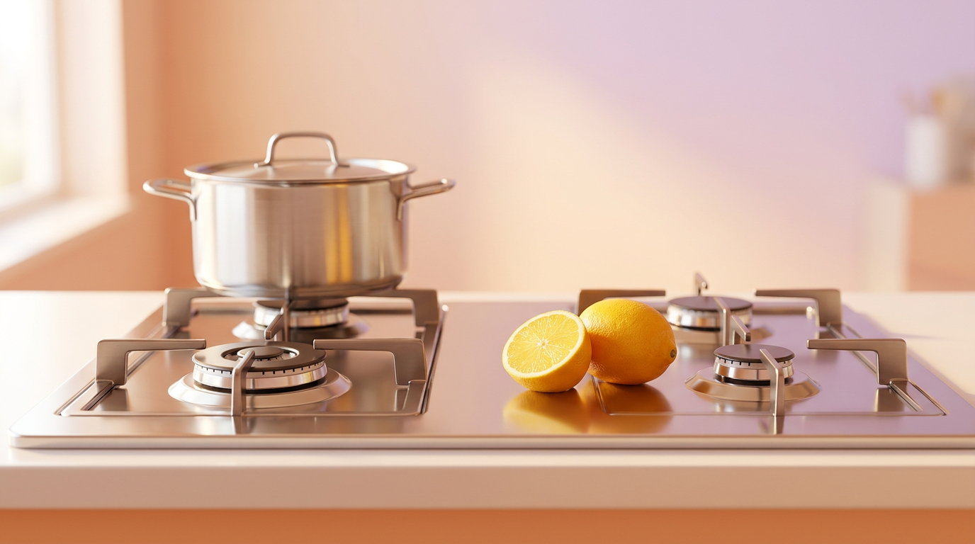 A close-up of a sparkling clean stainless steel kitchen stove, with a fresh lemon cut in half resting on the side and light reflecting off the pristine surface
